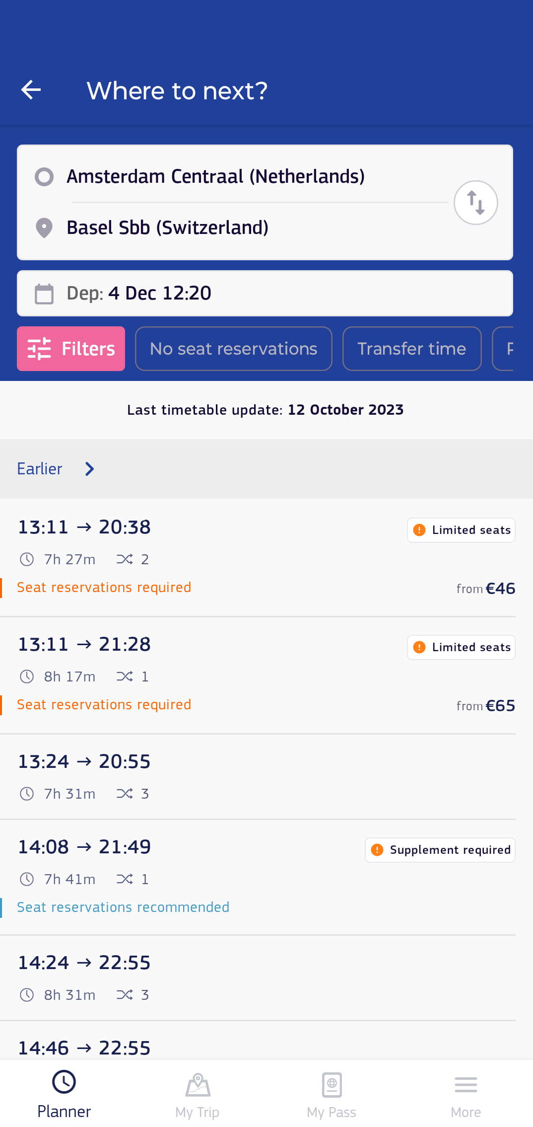Wyniki wyszukiwania w Plannerze