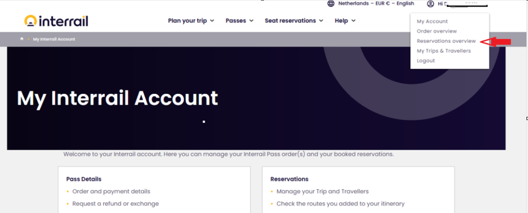Reservierungsübersicht in Interrail Self-Service