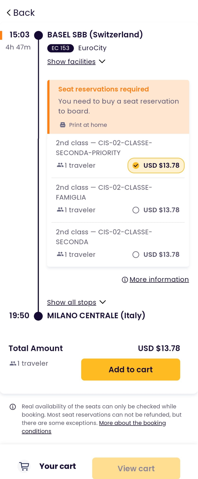 Een zitplaatsreservering toevoegen aan je winkelwagen in Interrail Self-Service