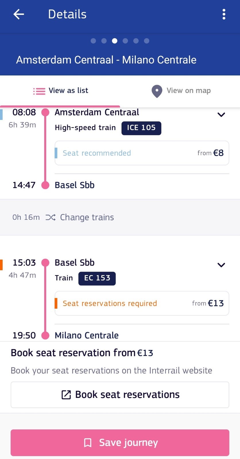 Section des réservations de place dans l'application DiscoverEU Travel